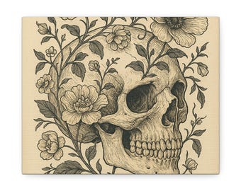 Vintage Skull Flowers Canvas Art, Gothic Dark Academia Print, Gallery Wall Home Decor