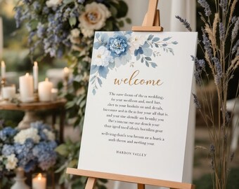 Wedding Welcome Sign Printable Dusty Blue Gold | 24x36 18x24 Romantic Editable | Bride Groom Names Floral Garden Digital Download