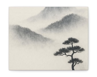 Japanese Zen Ink Wash Painting, Mountain Mist Canvas Wall Art, Minimalist Sumi-e Home Decor