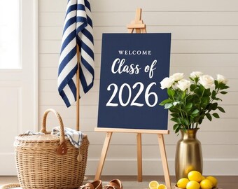 Class of 2026 Graduation Party Printable Bundle | Coastal Preppy Navy Aesthetic | Welcome Sign Photo Board Invitation Thank You | Digital Do