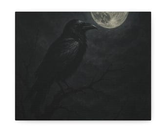Raven Moon Gothic Canvas Art Print, Dark Academia Wall Decor