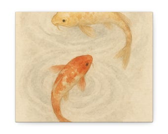 Koi Pond Canvas Art, Japanese Ink Wash Painting, Minimalist Zen Print