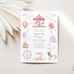 Minimalistic Circus Birthday Invitation, Girl Birthday Party Invite, Modern Carnival Party Template, 1st Birthday, Digital Download, #203