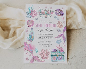 Editable Mermaid Birthday Invitation, 100% Editable Text, Printable Shellebrate Invitation Template, Purple Mermaid Invitation Send via Text