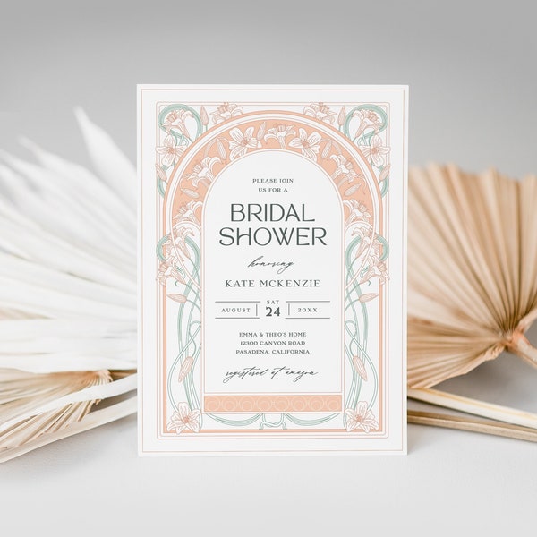 Art Nouveau Bridal Shower Invitation, 100% Editable Text, Vintage Wedding Invite, Spring Bridal Shower Invite, Peach Floral Art Deco Invite