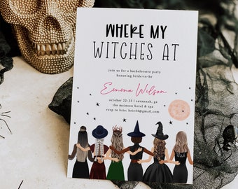 Halloween Bachelorette Invitation, 100% Editable Text, Where My Witches At Bachelorette Invite, Witch Bachelorette Party Invite Template DIY