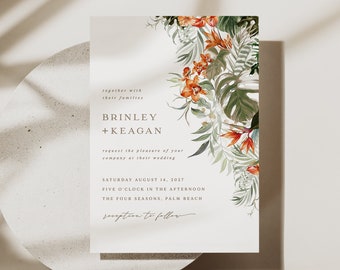 Monstera Palm Wedding Invitation, Modern Destination Wedding Suite, Greenery and Tropical Flowers, Beach Wedding Invitation, Hawaii Wedding