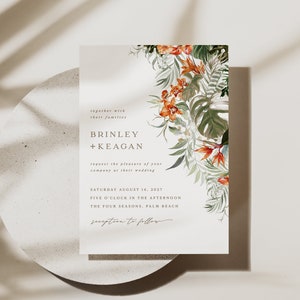 Monstera Palm Wedding Invitation, Modern Destination Wedding Suite, Greenery and Tropical Flowers, Beach Wedding Invitation, Hawaii Wedding