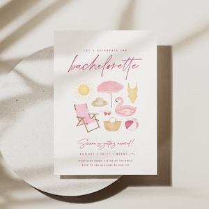 Pink Beach Bachelorette Party Invitation, Editable Text, Miami Bachelorette Invite, Preppy Pool Party Invite, Bachelorette Weekend, #920-BA