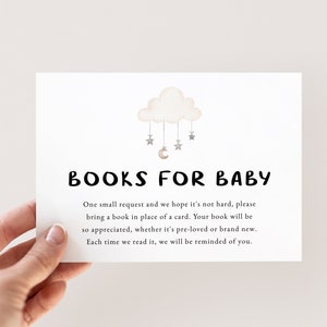 Boeken voor babybehuizingskaart, 100% bewerkbare tekst, schattige genderneutrale boekenaanvraagkaart, boekaanvraag invoegen, Boho aquarel Breng een boek