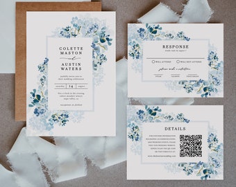 Dusty Blue Wedding Invitation Set, Light Blue Invitation Suite, Winter Wedding Invitation, Watercolor Floral Invite Download, Printed, #445