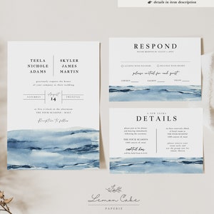 Destination Wedding Invitation, Elegant Beach Invitation Set, Simple Tropical Wedding, Blue Watercolor Wedding, Hawaii, Florida, Caribbean