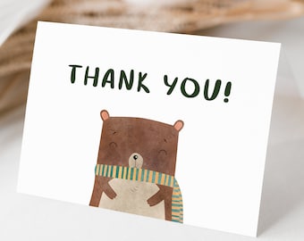 Editable Woodland Bear Thank You Card, INSTANT DOWNLOAD, Teddy Bear Thank You Notecard, Boy Birthday Thank You, Digital Card, Bear Theme 310