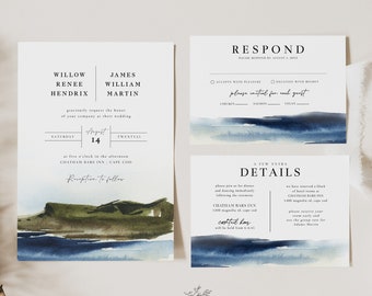 Minimalist Ocean Wedding Invitation, Cape Wedding Invite, Island Wedding Suite, Modern Beach Wedding Invite, Printable, Printed, New England