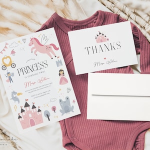Invitación de cumpleaños de princesa pequeña, invitación de unicornio de descarga instantánea, plantilla de invitación de cuento de hadas rosa para niña pequeña, gracias a juego 256