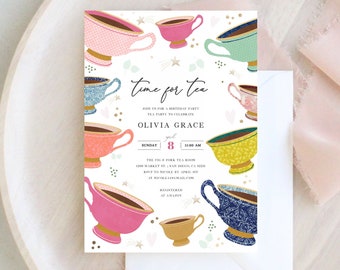 Tea Party Birthday Invitation Template, Instant Download, Girl Tea Party Invite Digital, Editable Text, Whimsical High Tea, Time for Tea 202