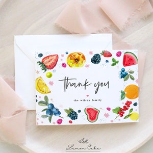 Plantilla de tarjeta de agradecimiento, tema de fruta de tarjeta de agradecimiento de Baby Shower, tarjeta de agradecimiento de acuarela cítrica, texto editable, descarga instantánea, #0001