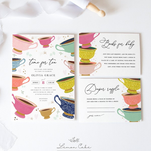 Tea Party Baby Shower Invitation Set, Instant Download, High Tea Baby Shower Template, Baby Girl Shower Digital Evite, Printing Offered, 202