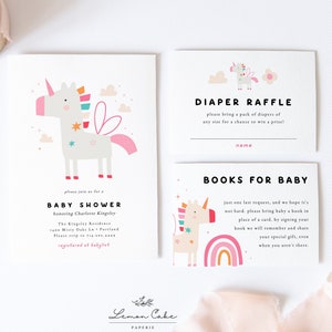 Minimale Einhorn-Dusche-Einladung, sofortiger Download, Mädchen-Baby-Dusche, passende Bücher-Karte, magische Baby-Dusche-Einladung, druckbare Vorlage