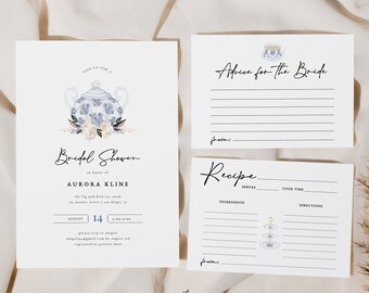 Elegant Tea Party Bridal Shower Invitation, Teapot Wedding Shower Template, Self-Editing Text, High Tea Bridal Brunch Invitation Bundle, 102