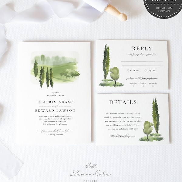 Winery Wedding Invitation, 100% Editable Text, Vineyard Wedding Invitation Suite, Instant Download, Tuscan Countryside Invitation Set  #0012