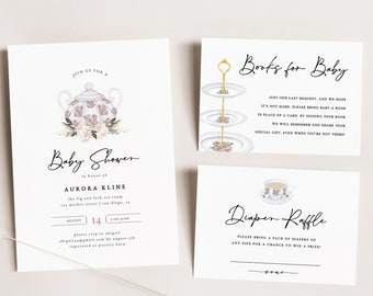 English Tea Party Baby Shower Invitation, 100% Editable Text, Baby Girl Shower Invite, Digital Download or Printed Invitation Blush Pink 255