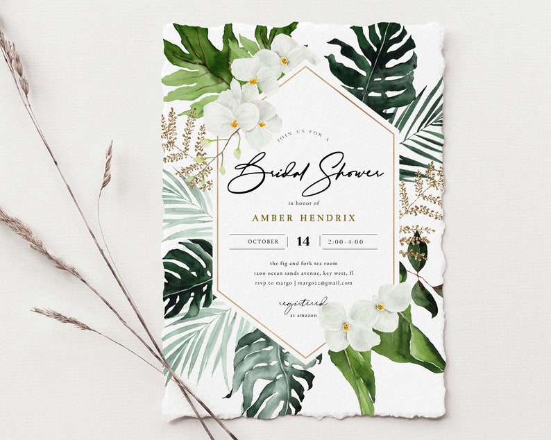 Monstera Palm Bridal Shower Invitation Instant Download Tropical Beach Couples Shower Invite 100 Editable Text Luau Bridal