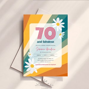 Retro Hippie Theme Invitation, 70th birthday invitation, Daisy Boho Editable Invite, Groovy 60's theme party, 70's Funky Theme Invite 0020