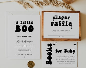 Cute Halloween Baby Shower Invitation, 100% Editable Text, Instant Download, A little Boo Due Couples Baby Shower, Gender Neutral Modern 222