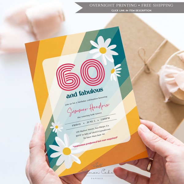 60th birthday invitation, Retro Theme Invitation, Boho Hippie Editable Template, Instant Download, Groovy 60's, 70's Funky Theme Invite 0019