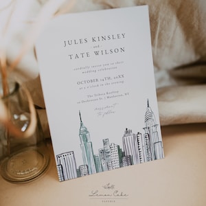 New York Wedding Invitation Suite, Manhattan Skyline Modern Sketch, Printed or Printable Invitation Set, NYC Minimalist Wedding Invitations