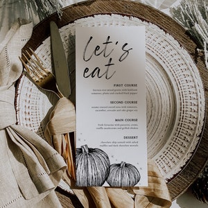 Rustikale Herbst-Menü-Vorlage, Bauernmarkt-Menü-Karte, druckbares Kürbis-Thema-Menü, Hochzeitsmenü, Taufe, Babyparty, Brautparty, Herbst