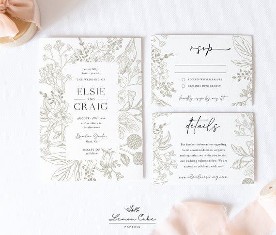 Botanical Wedding Invitation Set Printable or Printed Modern | Etsy