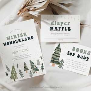 Winter Couples Shower Invitation, 100% Editable Text, Greenery Baby Shower Invite, Woodland Christmas Shower, Diaper Raffle, Books for Baby