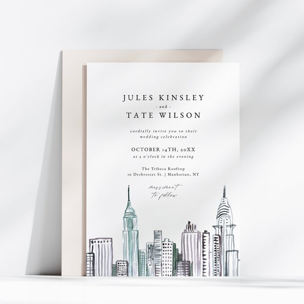New York Wedding Invitation, Manhattan City Skyline Wedding Invite, Printed or Printable Invitation Suite, NYC Wedding Invite Set Watercolor