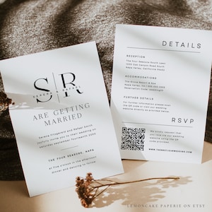 Minimalistische Monogramm-Hochzeitseinladungsvorlage, Schwarz-Weiß-Hochzeitseinladung mit RSVP auf der Rückseite, doppelseitige Details QR-Code, Urban Party