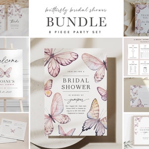 Butterfly Bridal Shower Bundle, 8 piece Matching Set, 100% Editable Text, Printable Butterfly Kisses Invitation, Spring Garden, Blush, 127