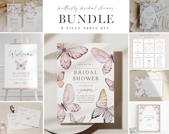 Butterfly Bridal Shower Bundle, 8 piece Matching Set, 100% Editable Text, Printable Butterfly Kisses Invitation, Spring Garden, Blush, 127