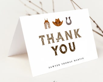 Cowboy Thank You Card, Baby Shower Thank You Card, Kid Thank You, Instant Download, Western Theme, Printable Notecard, Rodeo Template #101