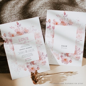 Pink floral bridal shower invitation, Love in Bloom, Rustic Blush Wedding Shower Invite, Fall Wildflower Bridal Brunch Invitation, DIY #801