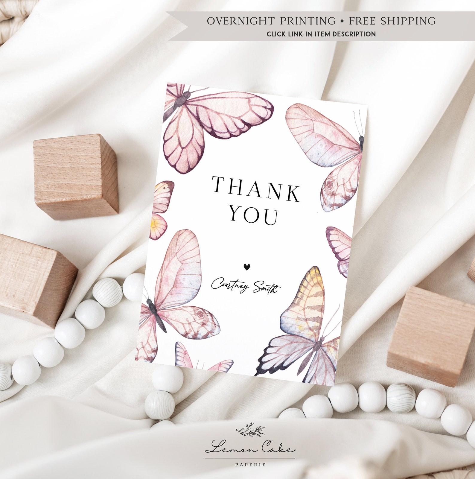 Butterfly Thank You Card INSTANT DOWNLOAD Printable Pink - Etsy
