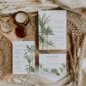 Beach Wedding Invitation, Palm Tree Invitation Suite, 100% Editable Text, Tropical Destination Wedding, Elegant Palm Wedding, Green Gold 123