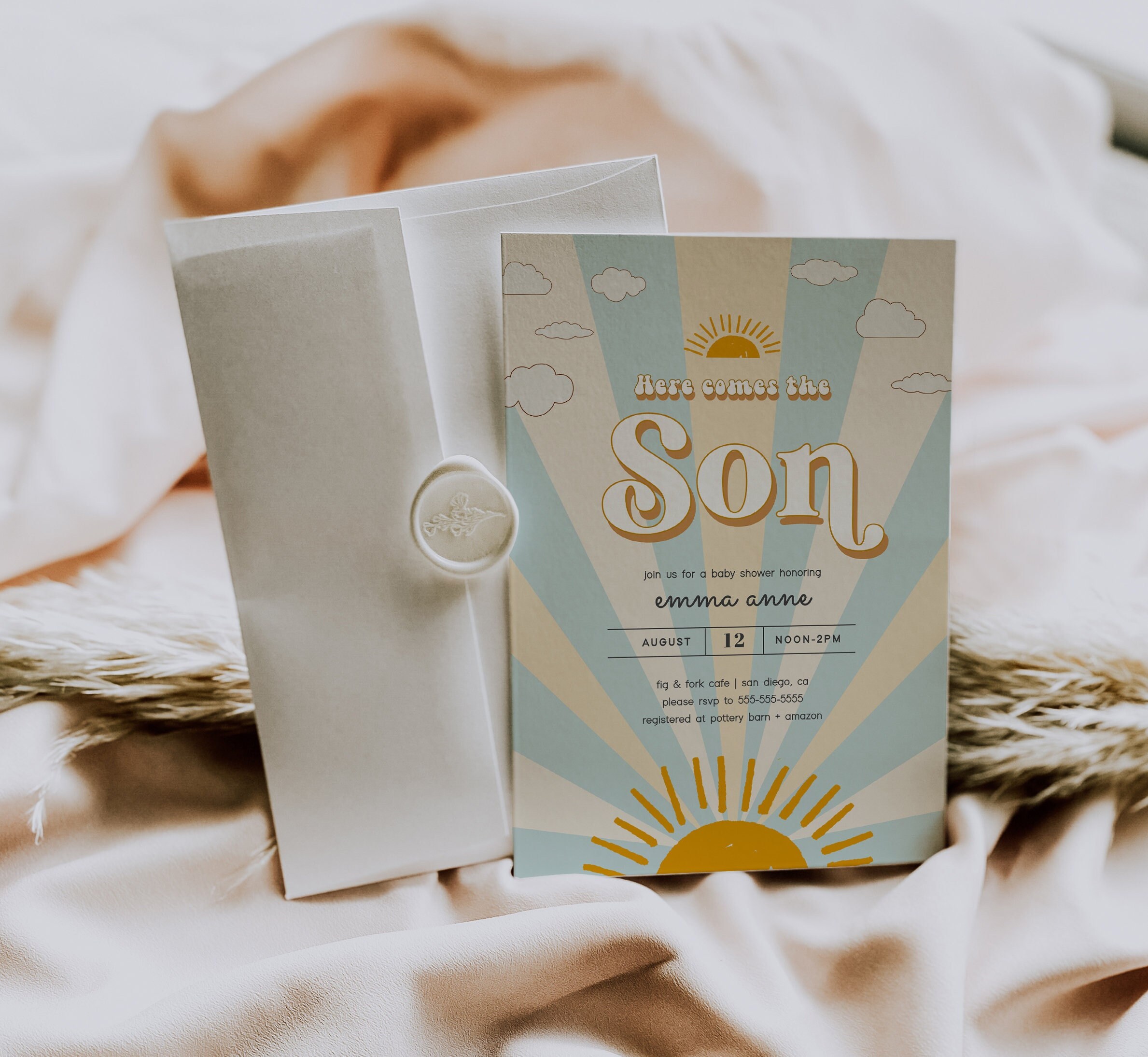 Here Comes the Son Baby Shower Invitation Boy Baby Shower Invite Retro Invitation Template Groovy Sunshine Instant Download