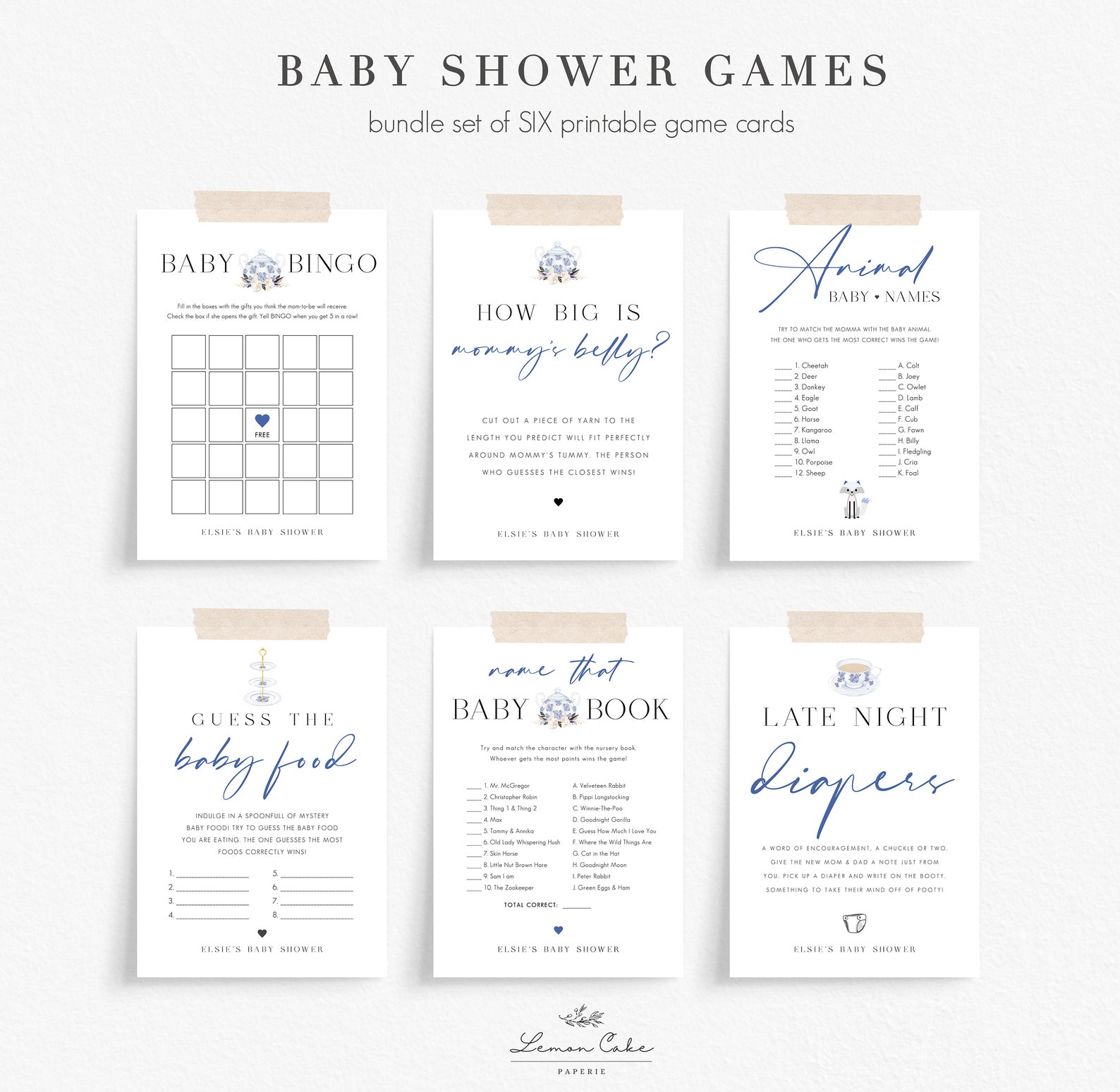 6 Baby Shower Game Cards Tea Party Baby Shower Games Instant Etsy