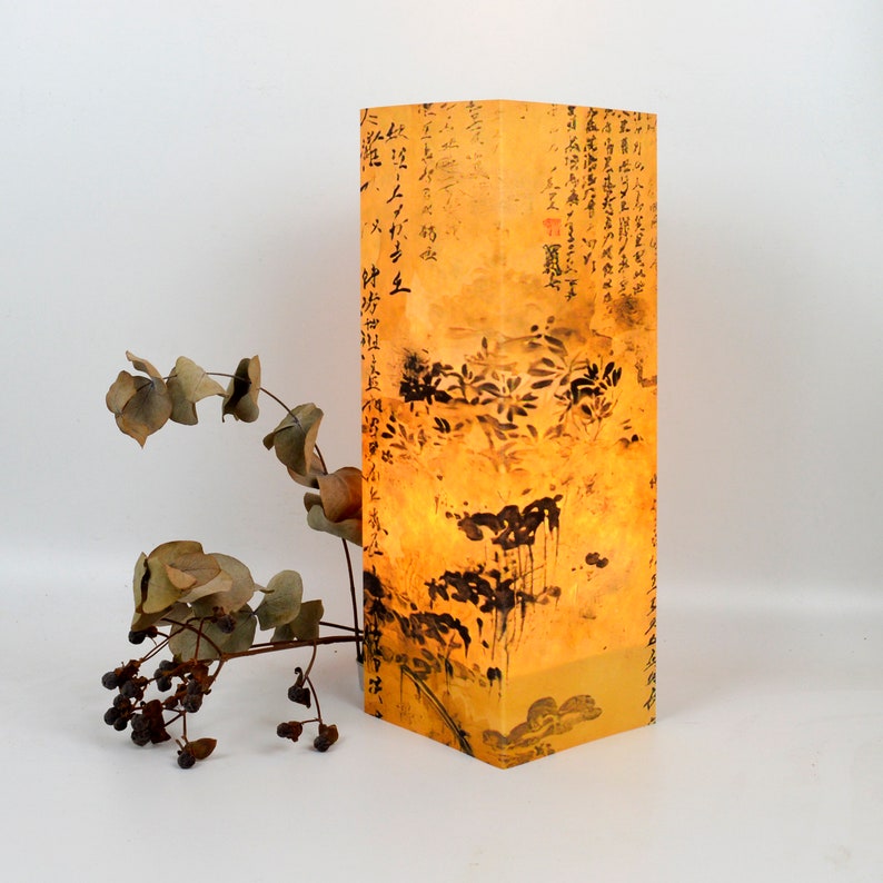 Japanese table lamp, Japanese decoration for home. Cotton printed lamp with japanese details, japanese style gift. Japanese lighting. image 1