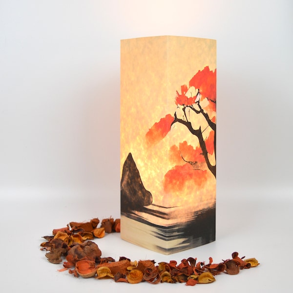 Lampe en papier japonaise, décoration japonaise maison. Lampe carrée moderne imprimée sur coton recyclé, cadeau de style japonais. Éclairage japonais, lampe de table.