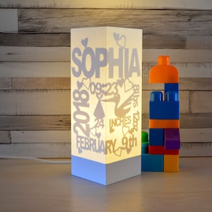 Personalized nursery lamp, custom newborn gifts. Custom lamp birth announcement for nursery decor. Night Light with birth stats newborn.