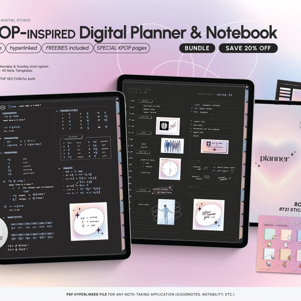 BUNDLE Digital Planner & Notebook BTS KPOP Dark Mode | GoodNotes, Notability, iPad Planner, Korean, BT21 Hyperlinked Minimal Cute Aesthetic