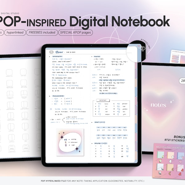 BTS KPOP Digital Notebook Light Mode 12 Hyperlinked Tabs 40 Note Templates iPad GoodNotes iPad Notebook Digital Notetaking for Students Cute