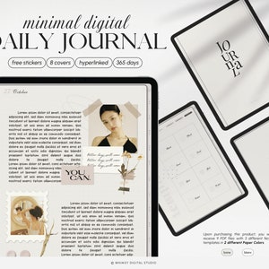 May include: A digital daily journal template displayed on a tablet screen, featuring a layout with text, photos, and decorative elements. The interface includes options for lined, grid, and dotted paper styles, along with labels for free stickers, 8 covers, hyperlinked pages, and 365 days of content.